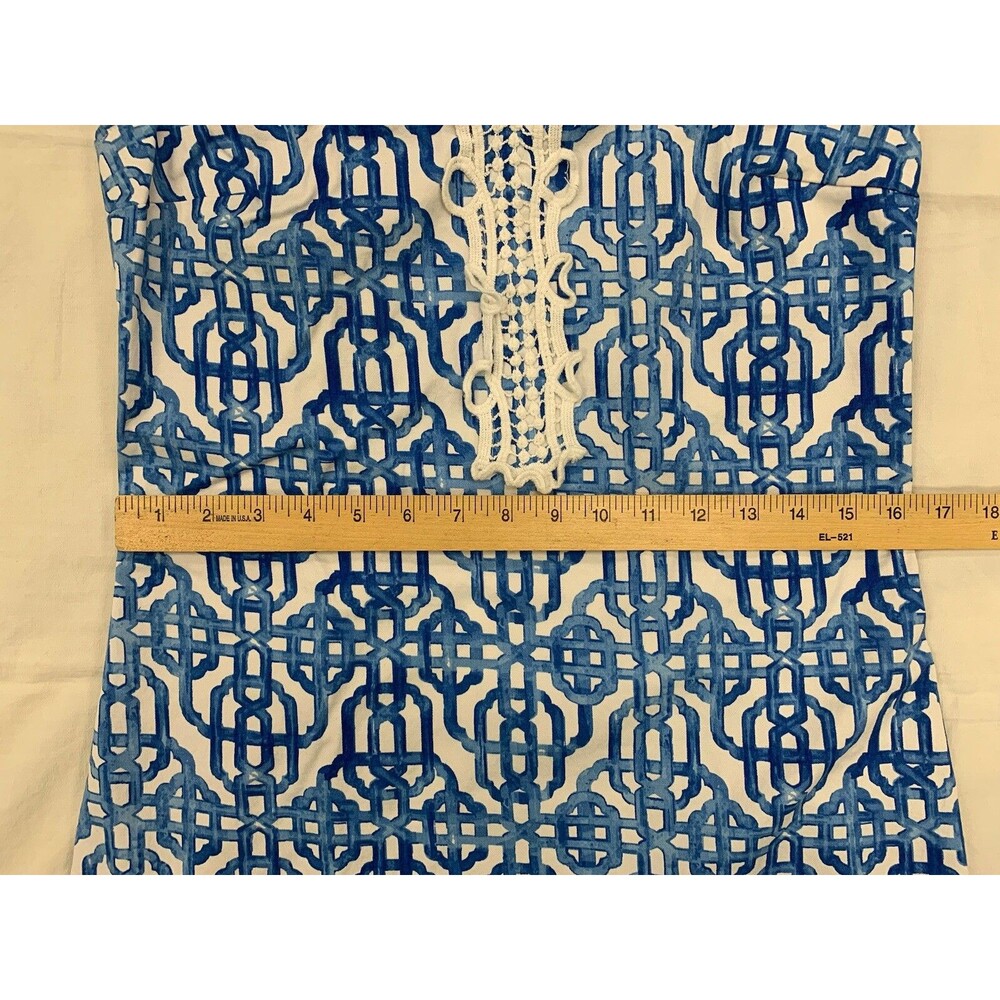 Mud Pie Kate Cotton Crochet Shift Dress Sz S Blue White Painterly Lattice Resort - Picture 7 of 15